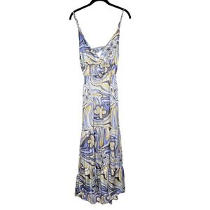 Indulge in Style Maxi Dress L Blue Yellow Floral Print Sleeveless Open Back